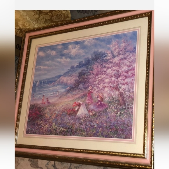 LARGE HOME INTERIOR PICTURE, KIDS AT THE BEACH, PINK & GOLD FRAME. 27.5" X 23.5" - Picture 5 of 10